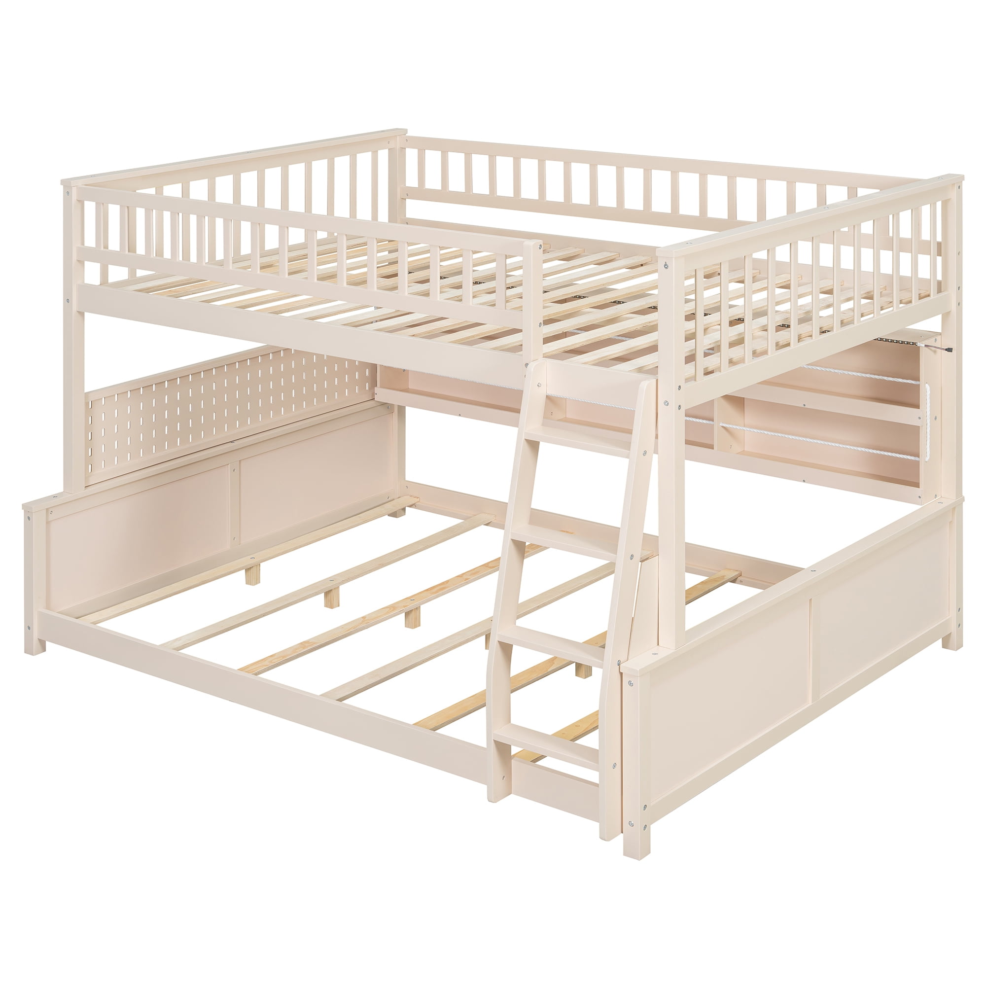Full XL Over Queen Bunk Bed, Wood Bunk Bed with Integrated Shelving, Color-Changing Lights and Pegboard for Kids Teens Adults, Space Saving Design