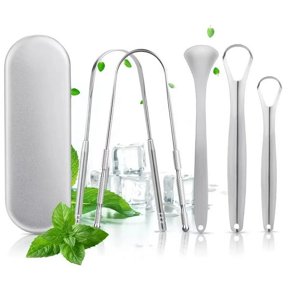 Tongue Scraper for Adult , 5 Pack Stainless Steel Tongue Scraper for Oral Care, Reduce Bad Breath, with Metal Storage Box