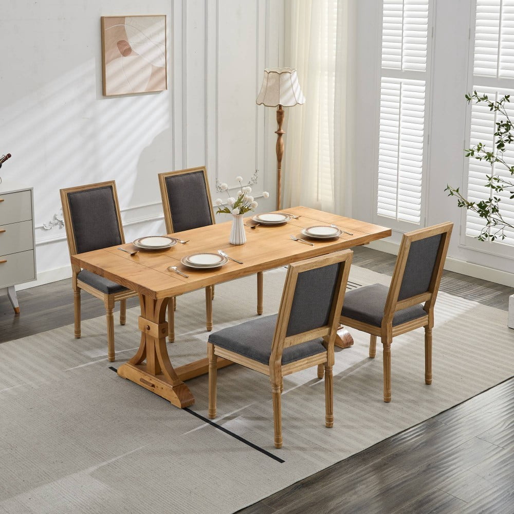 French Dining Chairs Set of 2, Louis Style Upholstered Chairs with Square Backrest, Carved Solid Wood Frame, Linen Fabric, Gray