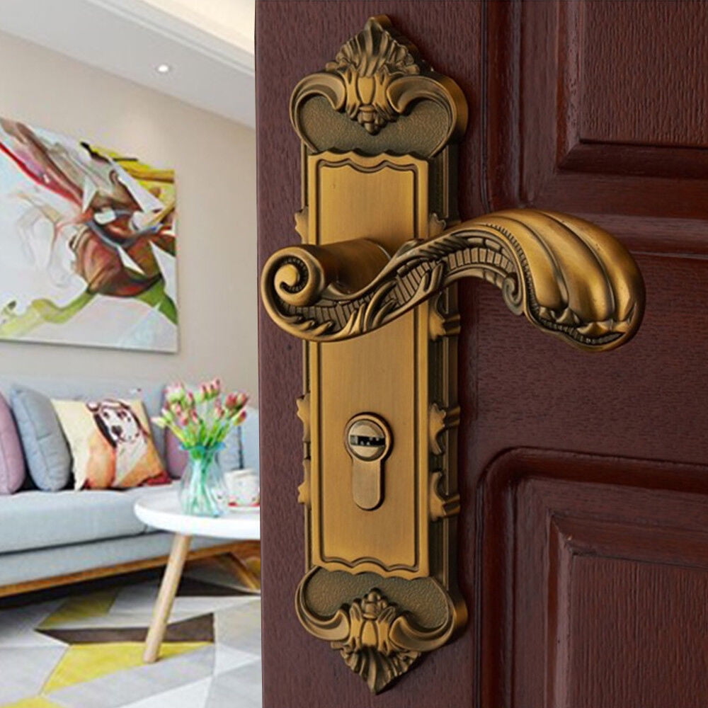 Vintage Round Door Lock Set - Antique Yellow Interior Bedroom Handle, Zinc Alloy