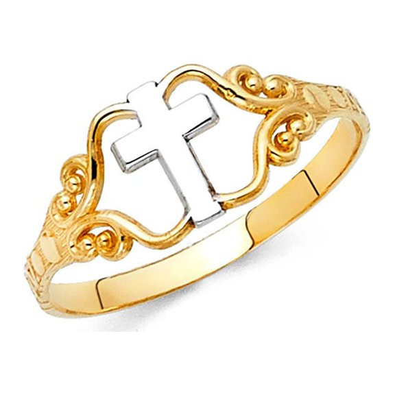 14k Two Tone Solid Italian Gold Religious Crucifix Ring 8mm
