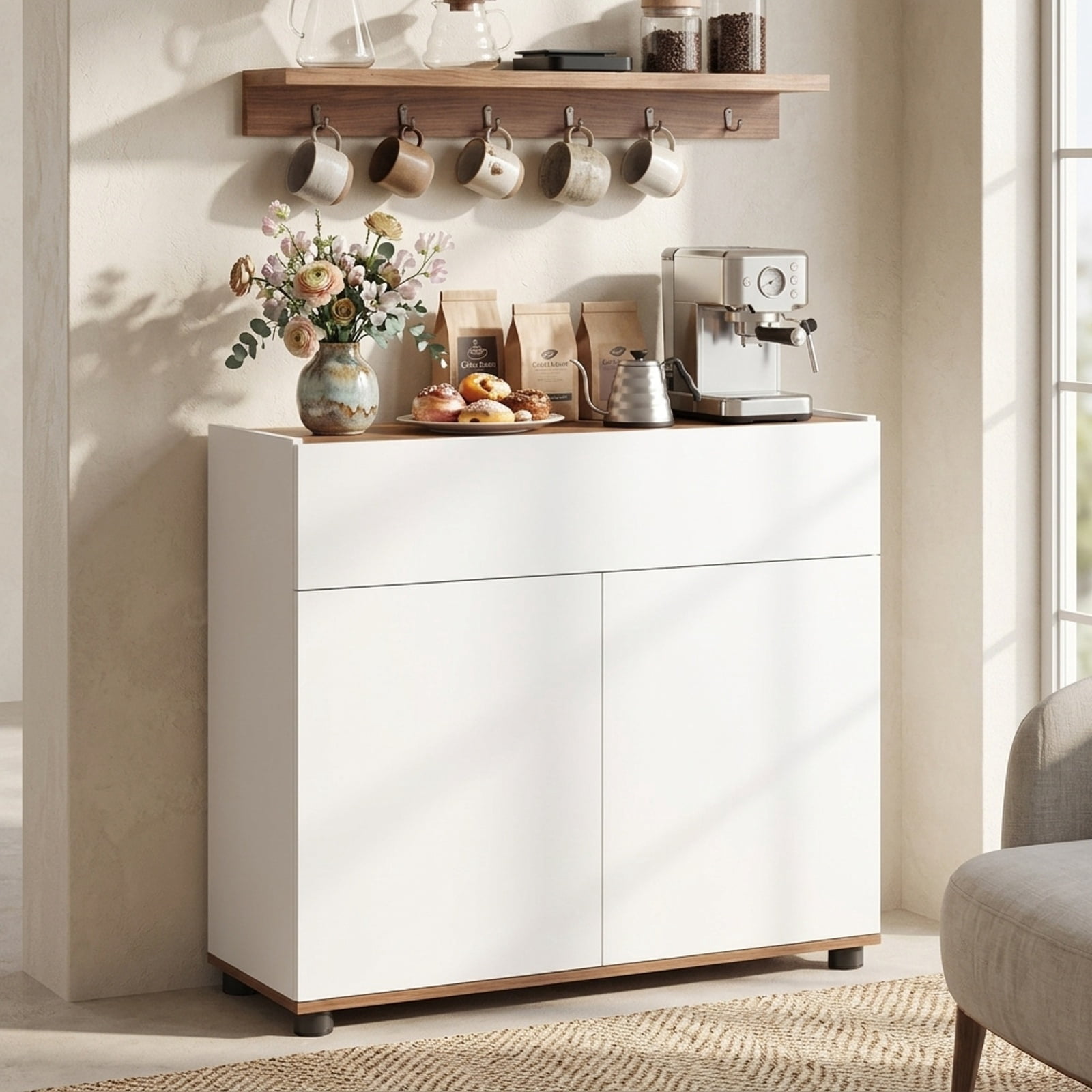 Furnibear Sideboard Buffet Cabinet with Storage Wooden Kitchen Storage Cabinet for Kitchen Dining Living Room Buffet Storage Server, White