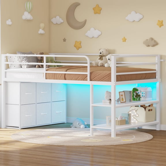 Twin Size Loft Bed with 6 Fabric Drawers and Storage Shelves, with LED Lights,Modern Low Loft Bed,No Box Spring Needed,Sturdy ,White / Black /Pink