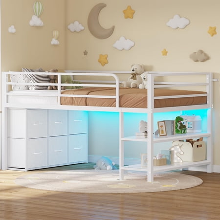 Twin Size Loft Bed with 6 Fabric Drawers and Storage Shelves, with LED Lights,Modern Low Loft Bed,No Box Spring Needed,Sturdy ,White / Black /Pink