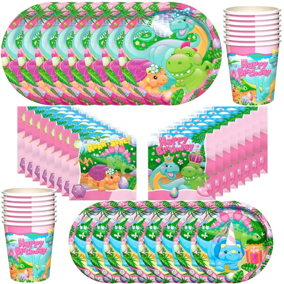 Girl Dinosaur Birthday Party Supplies Tableware Classic Set for 16 Guests
