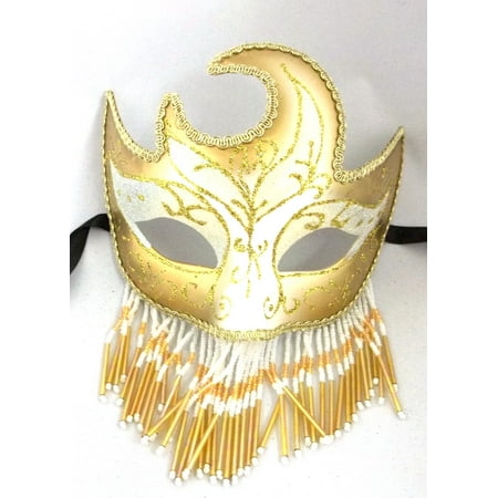White Gold Beaded Veil Masquerade Mardi Gras Prom New Years Ball Mask