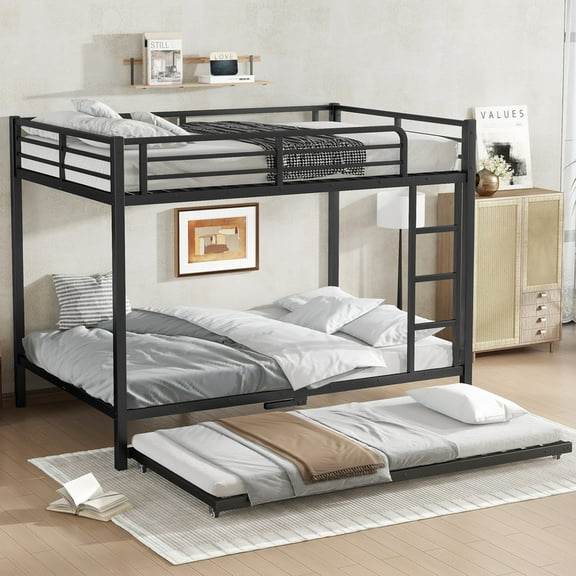 Bellemave Bunk Bed Full Over Full with Trundle, Heavy-Duty Full Size Bunk Beds Frame with Full-Length Guardrail and Two Ladders, Metal Triple for Teens and Adults, Space-Saving, Black