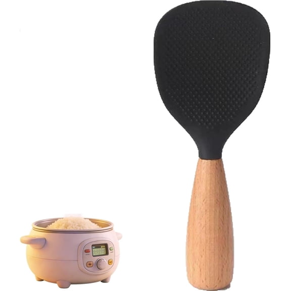 Short Wooden Handle Silicone Spatula – Heat-Resistant Standing Cooking Spoon, Non-Stick Rice Scooper and Mixing Tool
