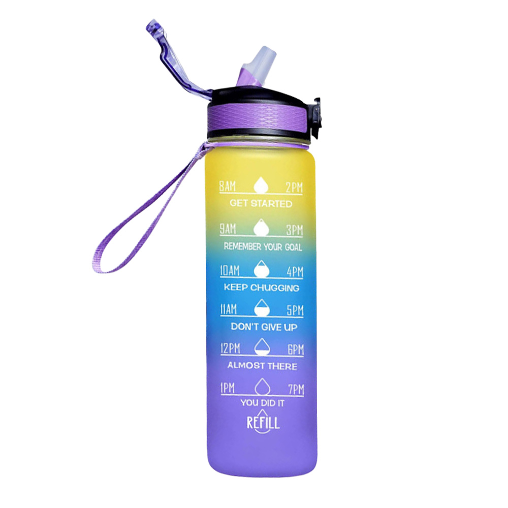 Water Bottle with Straw & Time Marker, Portable Reusable Fitness Sports