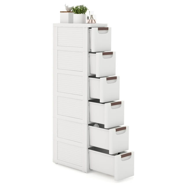 Gymax Armoire de Rangement Étroite à 6 Tiroirs sur Roulettes avec Poignées de Tirage et Roues Intégrées