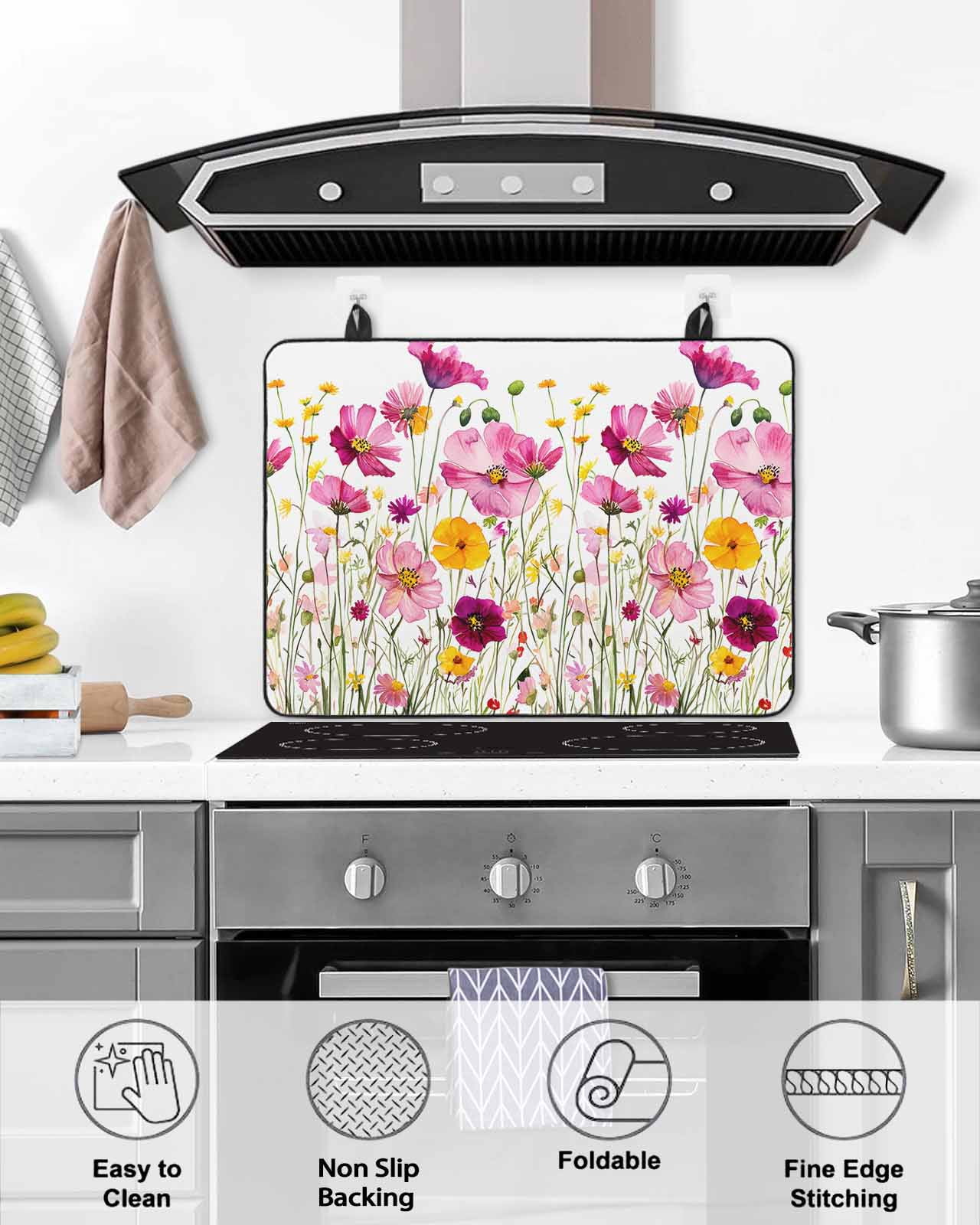 nqOlkjepod Large Induction Cooktop Protector Mat 24"x21", Pink Yellow Flowers Stove Top Covers for Electric Stove, Spring Blooms Botanicals Floral Stove Burner Cover Mats, Glass Top Stove Cover