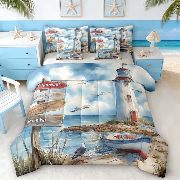 Manfei Watercolor Lighthouse Beach Twin Bedding Sets for Kids Boys and Girls, Nautical Bedding Comforter Set, Gray Reversible 7 Pieces
