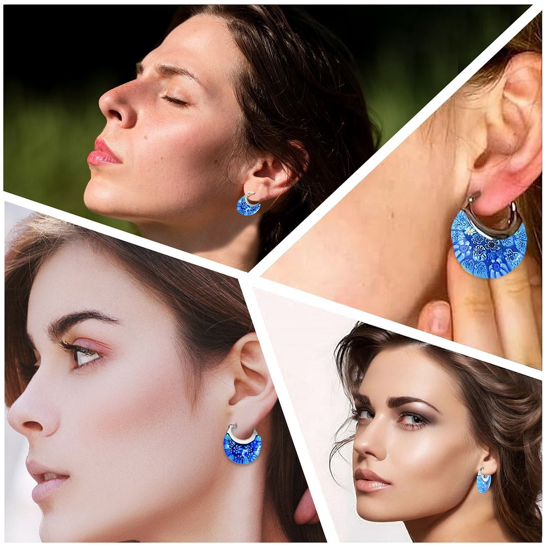 Blue Murano Style Millefiori Glass Hoop Earrings for Women Daisy Flower Stainless Steel Jewelry Ct. 30 Birthday Christmas Gifts
