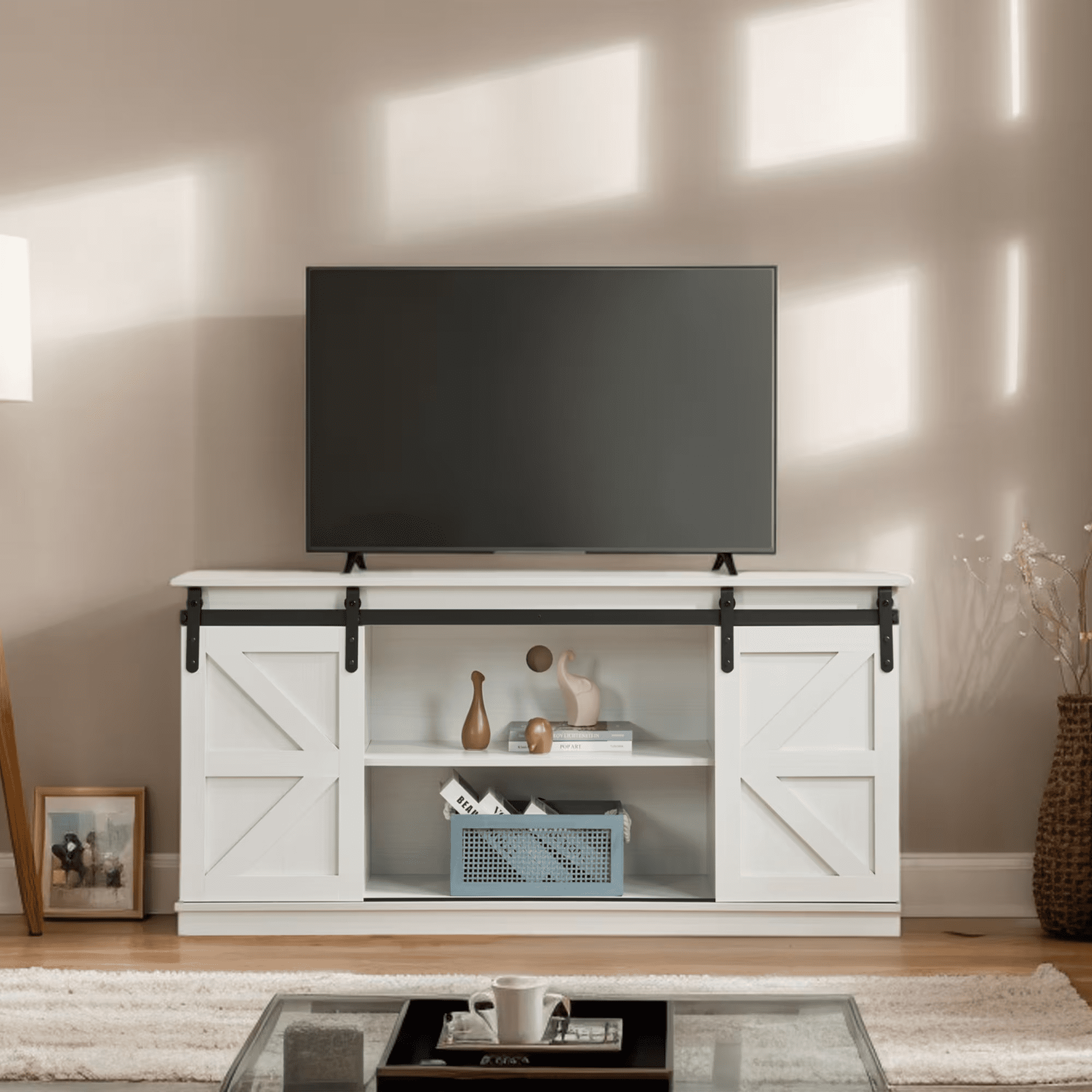 MAYEERTY 58" Farmhouse TV Stand with Sliding Barn Doors, Storage Cabinets for TVs Up to 65", White