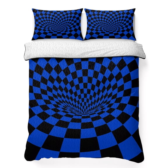 Twin-XL Quilt Bedding Set Deep Blue Swirls Black Plaid Breathable Summer Cooling Blanket for Hot Sleepers, Abstract 3D Geometric Art Lightweight Soft Bedding Set with 2 Pillow Shams for All Season
