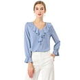 thumbnail image 1 of INSPIRE CHIC Blusa de gasa con cuello en V con volantes para mujer, manga de pulsera, blusa campesina vintage Bebe azul M, 1 of 6