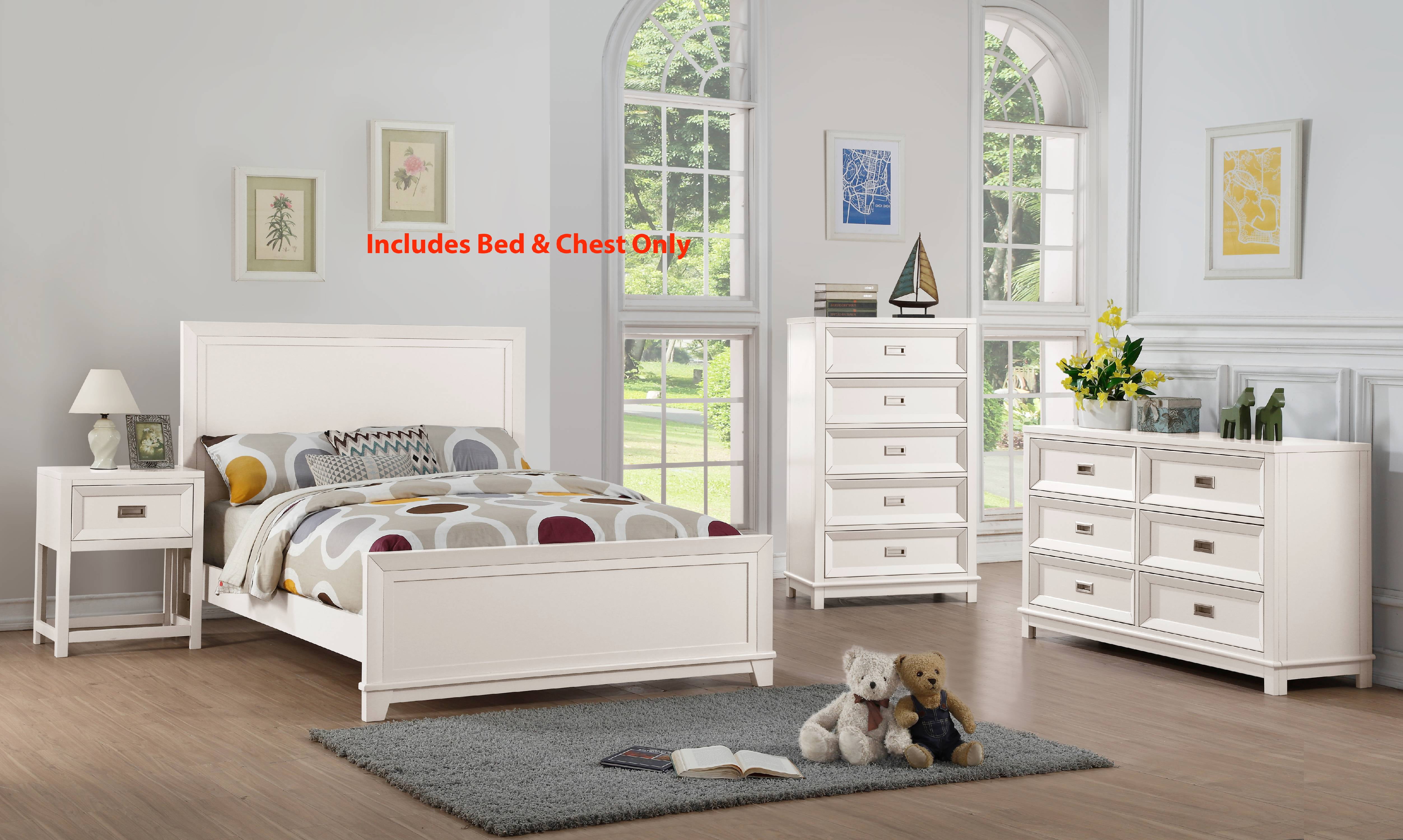 Victoria 2 Piece Twin Size White Wood Contemporary Kids Bedroom Set (Panel Bed, Chest) (KD