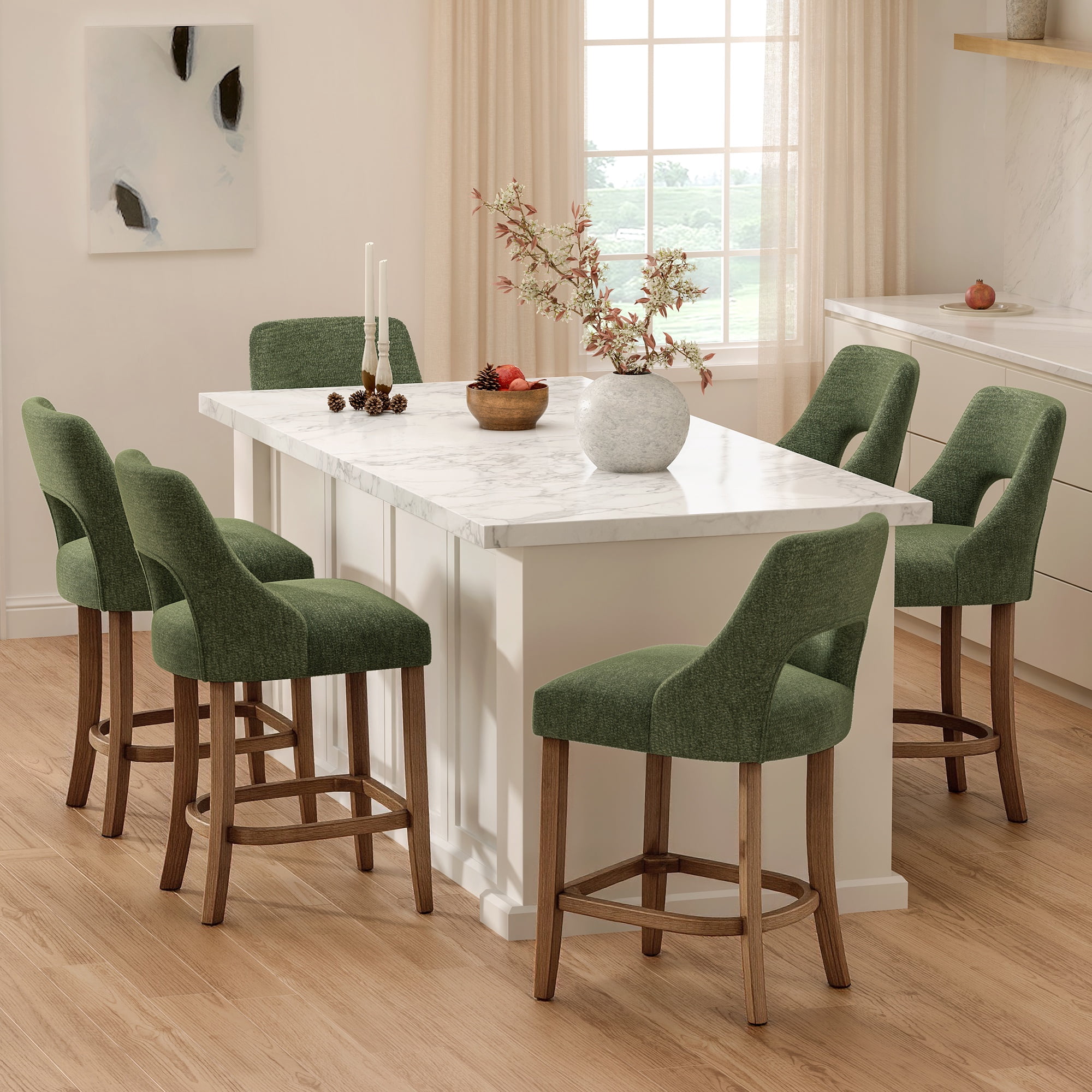 PORKISS 26" Bar Stools Set of 2, Upholstered Kitchen Island Stools with Hollow Back, Mid-Century Counter Stools with Wood Legs Footrest, Green