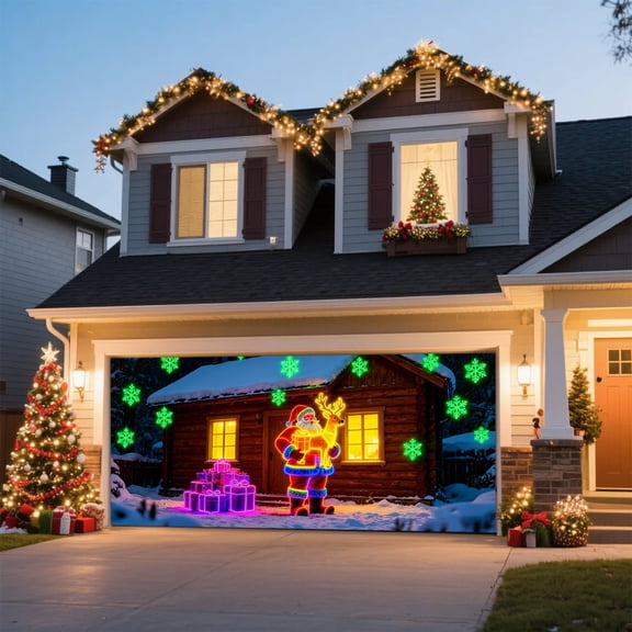 Uv Activated Christmas Garage Door Cover Banner, Glows In Dark, 2026 New 2D Flat Holiday Garage Door Covers Christmas with Cartoon Santa and Elf, Outdoor Indoor Party Decoration (82.68*188.98 Inch)