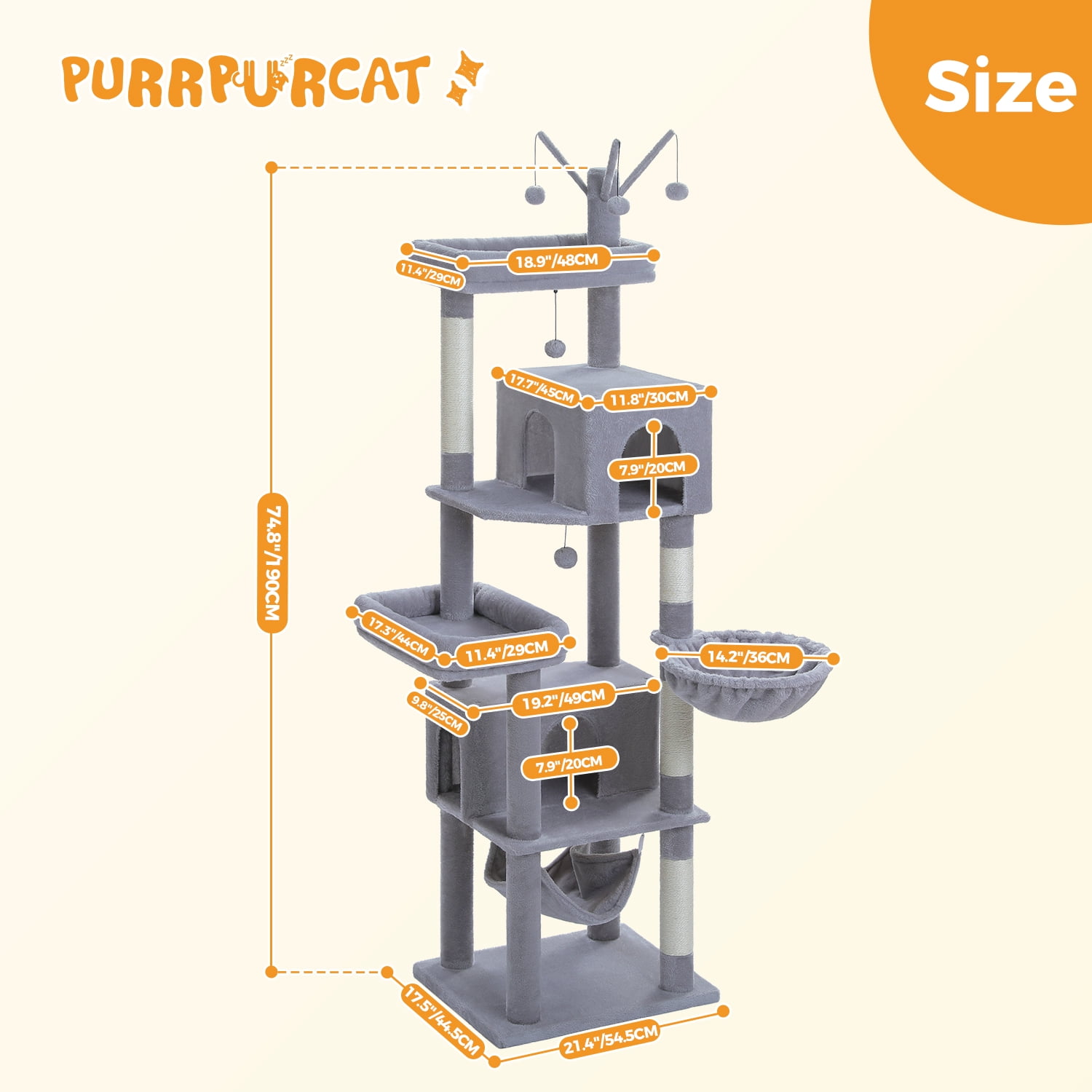 Pefilos 74" Large Cat Tree Tower for Indoor Cats, Fat Cats with Big Hammock, Cat Climbing Tree with Scratching Posts, Condo House and Top Perch, Gray
