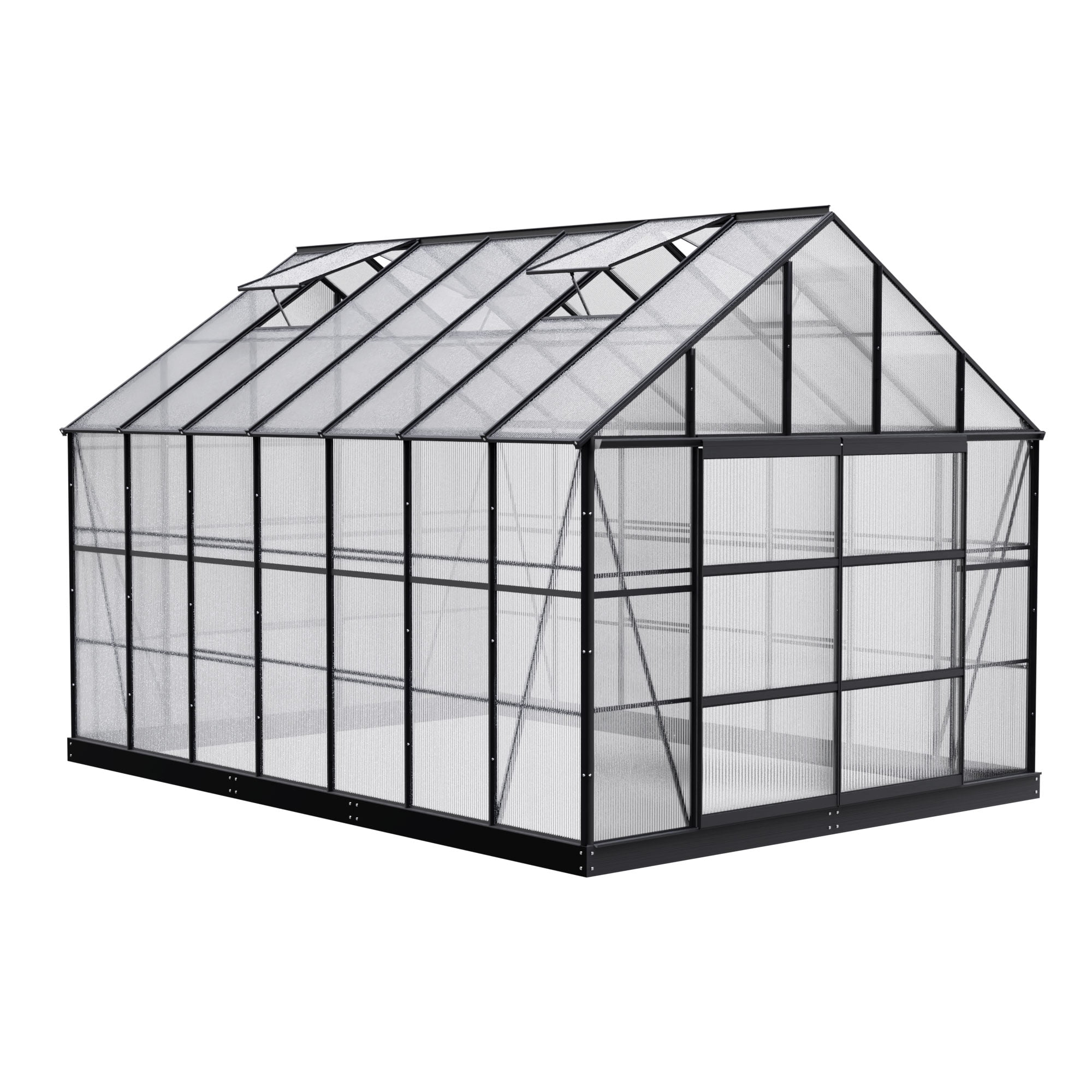 10x14 FT Outdoors Greenhouse, Walk-in Aluminum Polycarbonate Greenhouses with 4 Roof Vent Windows and Lockable Double Doors, for Plants in Winter(Black)