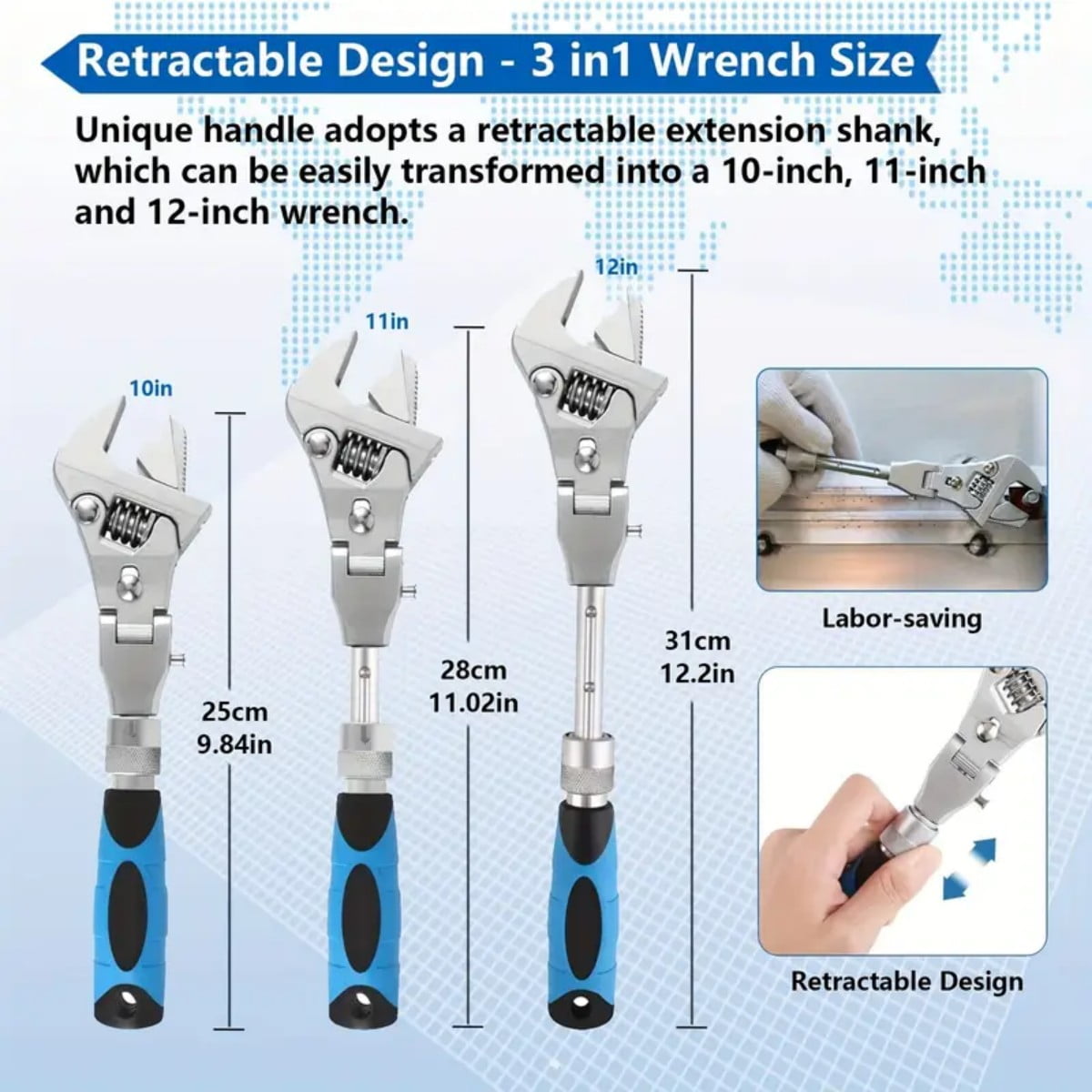 Adjustable Wrench, 10" to 12" Telescopic Extension Handle Ratchet Wrench Tool, 180 Degree Swivel Head Adjustable Wrench