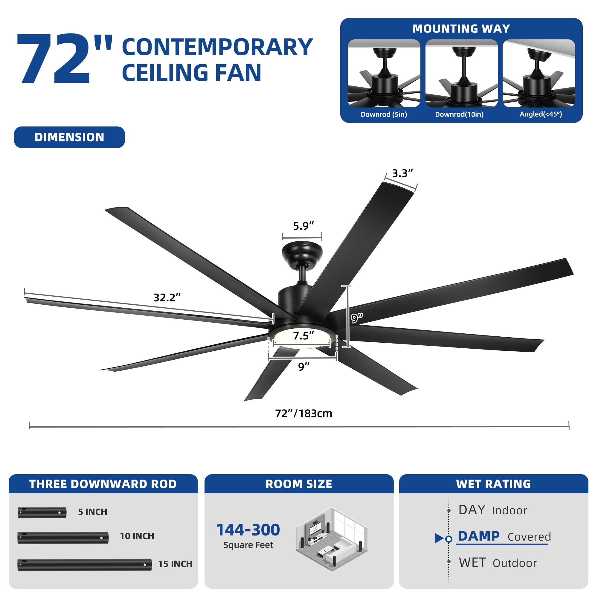 Uforic 72 Inch Black Ceiling Fans with Lights and Remote Control,8 Aluminum Blades with 6 Speed, Modern Ceiling Fans for Living Room,Garage