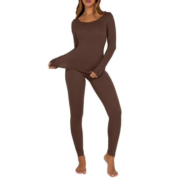SYMOID Womens Thermal Base Layer Set - Soft Stretch Long Sleeve Top & Form-Fitting Leggings, Coffee for Fall/Winter,Size L