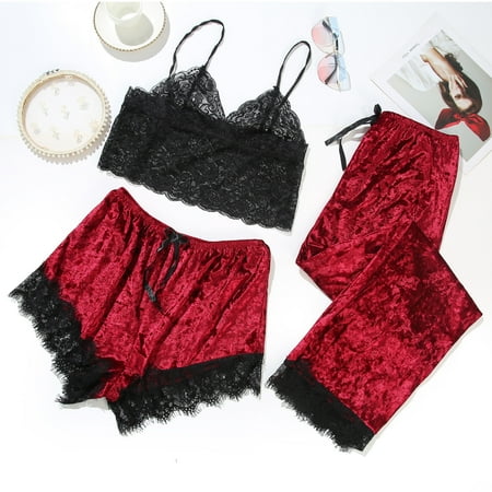 

MRULIC lingerie for women Women s Pajamas Lace Velvet Solid Color Lace Three-Piece Pajamas Nightdress Underwear Sleepwear Red + L