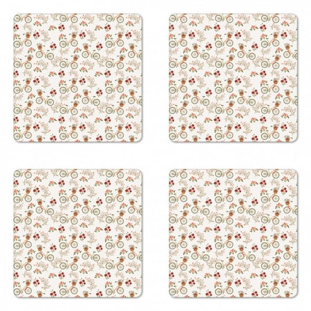

Floral Coaster Set of 4 Nostalgic Romance Bikes Baskets Full of Poppy Flowers Love Birds Spring Square Hardboard Gloss Coasters Standard Size Multicolor by Ambesonne