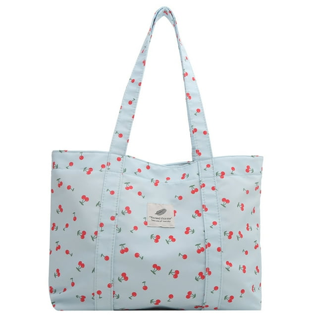 (Doblado para La Entrega) 7134 Bolso Compras Pequeño Con Fresa Y Cereza Fresca Bolso Compras Gran Capacidad Bolso Hombro Portátil Nailon para Desplazamientos (estilo 3) Azul Cereza