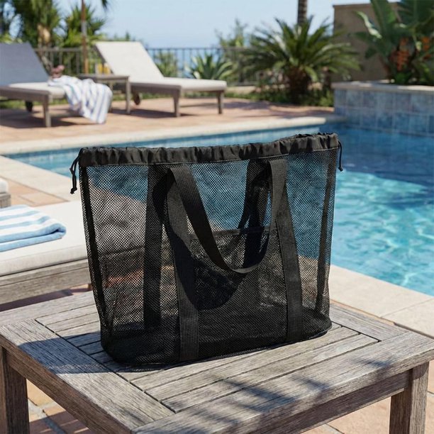 Bolsos de playa de malla, bolso de hombro, ligero, plegable, para juguetes, bolsa de piscina, gran capacidad para artículos esenciales de vacaciones Negro