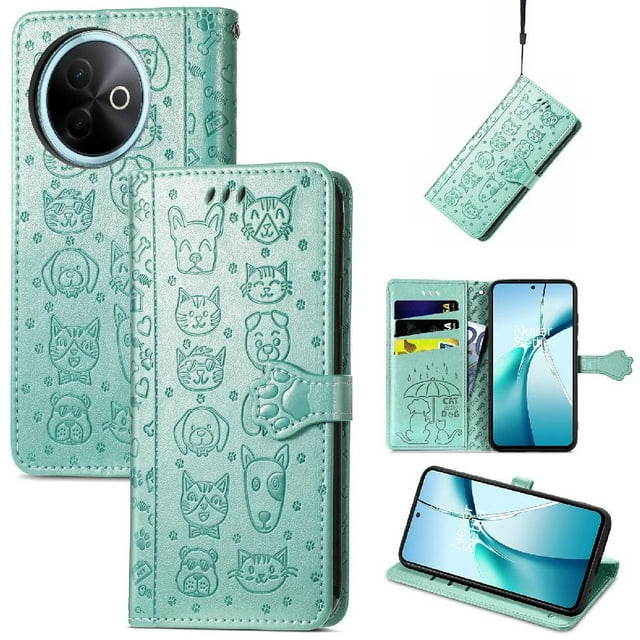 Étui à Rabat pour FOXDOCK Vivo Y39 5G, Chat Chien Embossé en Cuir PU avec Fentes pour Cartes, Support