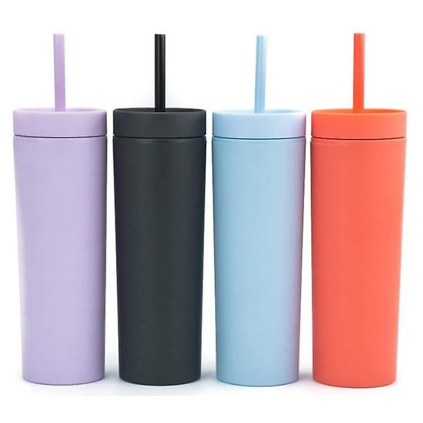 (4 pack) vasos de acrílico de colores pastel mate con tapas y pajitas> 16oz vasos de plástico de doble pared, taza reutilizable con paja> regalos de bricolaje de vinilo Afortunado Sencillez