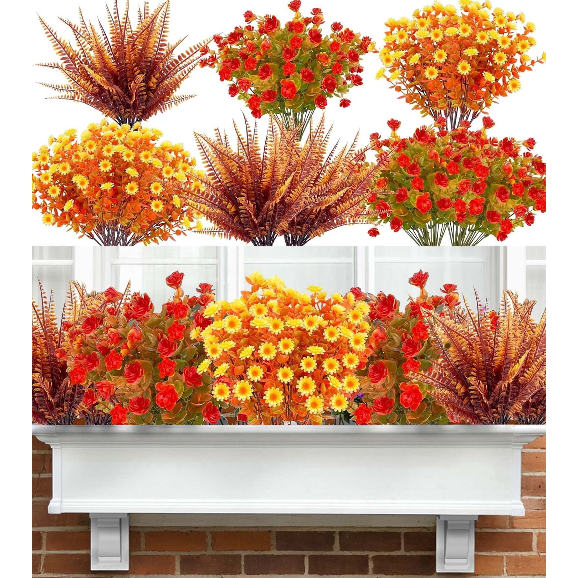 Inadays Artificial Flowers for Outdoor Indoor, 24 Bundles Fake Plant Fall Plants Colorful Eucalyptus Camellia UV Resistant for Garden Yard Wedding Farmhouse Balcony Porch Patio