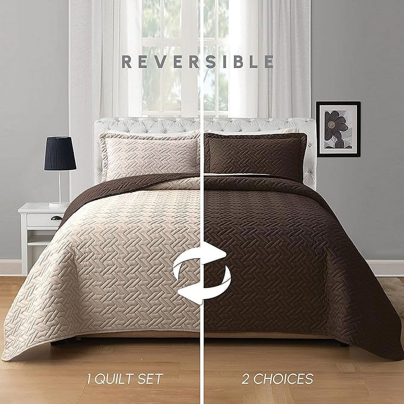 Elegant Comfort 3-Piece Quilted Reversible Bedspread Coverlet Set with Pillow Shams, Exquisite Majestic Stitching All Season Heavy Weight - Ultra Soft Premium Quilt- California King, Brown/Cream