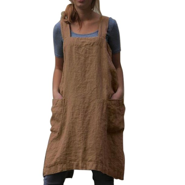 Japanese Cross Back Apron with Handy Pockets Cotton Linen Pinafore
