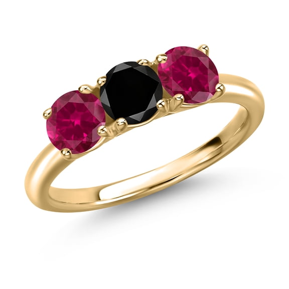 Gem Stone King 10K Yellow Gold Black Diamond and Red Created Ruby Engagement Ring for Women | 1.75 Cttw | Round 5MM | Gemstone April Birthstone | Size 9