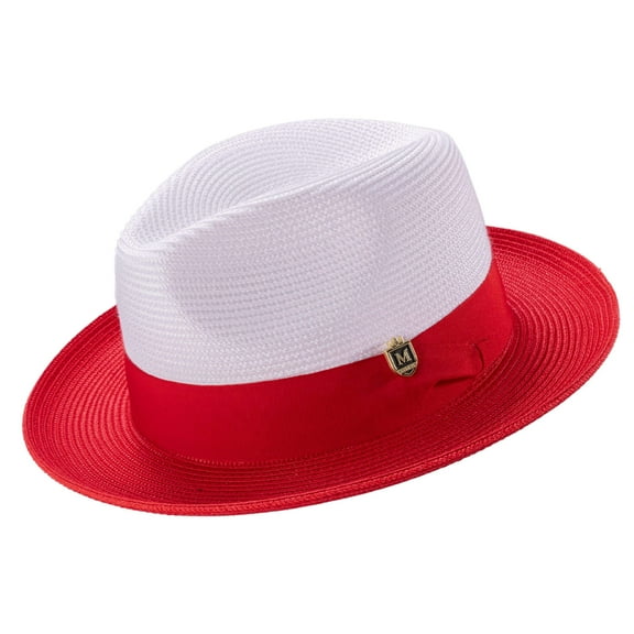 Montique Red Two-tone Pinch Hat Wide Brim Matching Grosgrain Ribbon Straw Fedora H-47