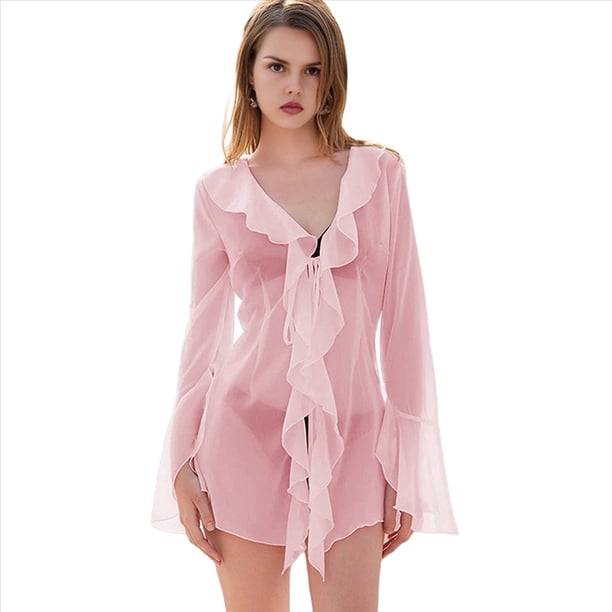 Blusa de Holgada de Larga con Volantes y Transparente para Mujer Rosa S