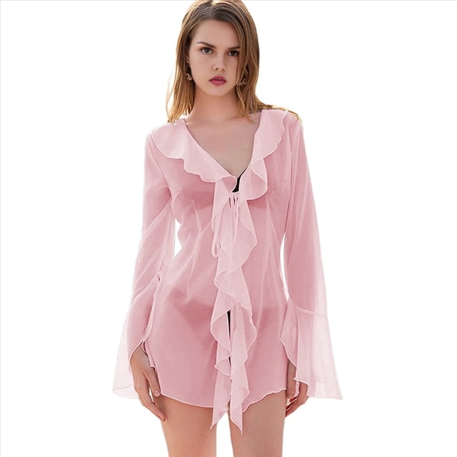 Blusa de Holgada de Larga con Volantes y Transparente para Mujer Rosa M