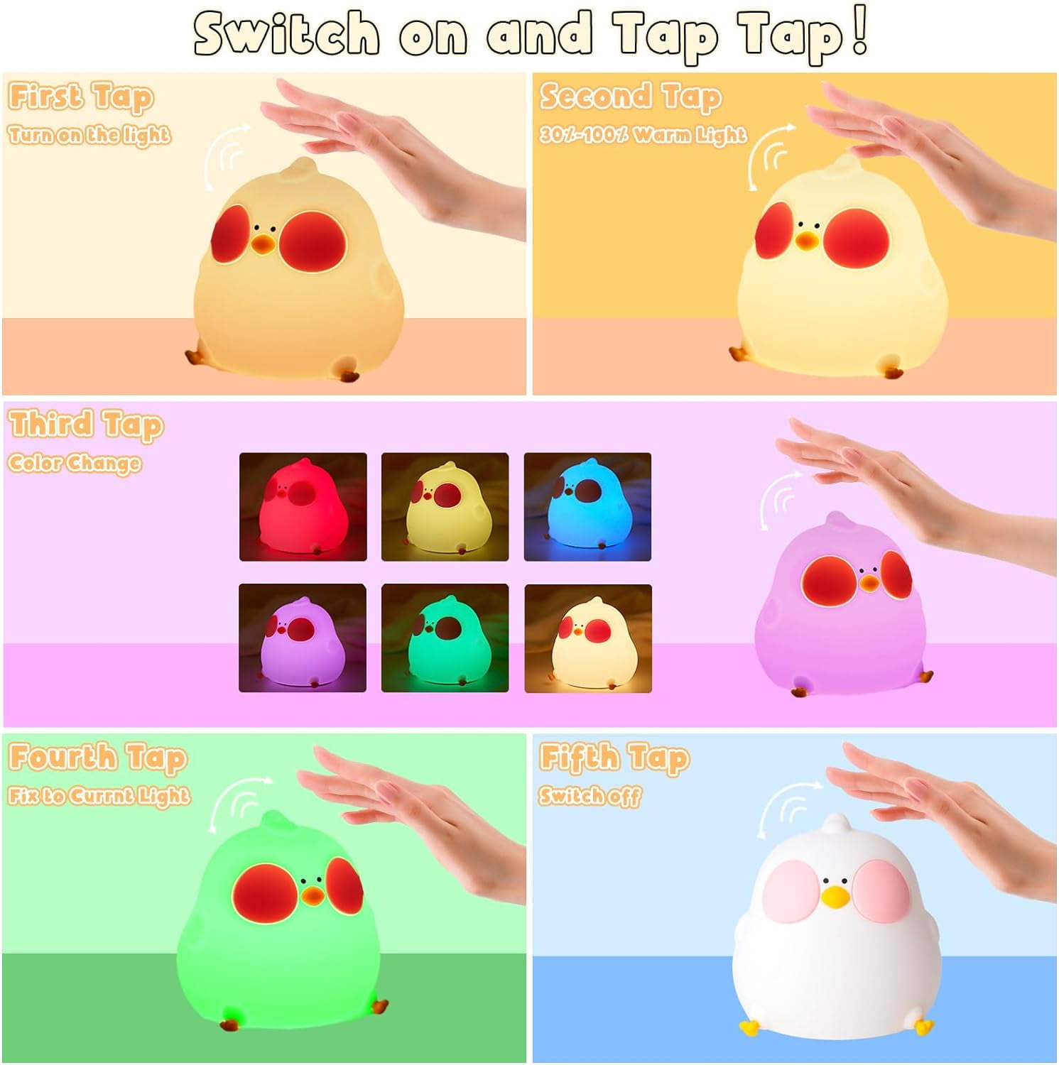 LINLIN Night Light Kids Cute Cooku Chick Night Lamp 7Colors Bedside Lamps Rechargeable Tap Control Baby Night Light with Timer Room Decor Gifts for Children, Toddlers, Teen Girls