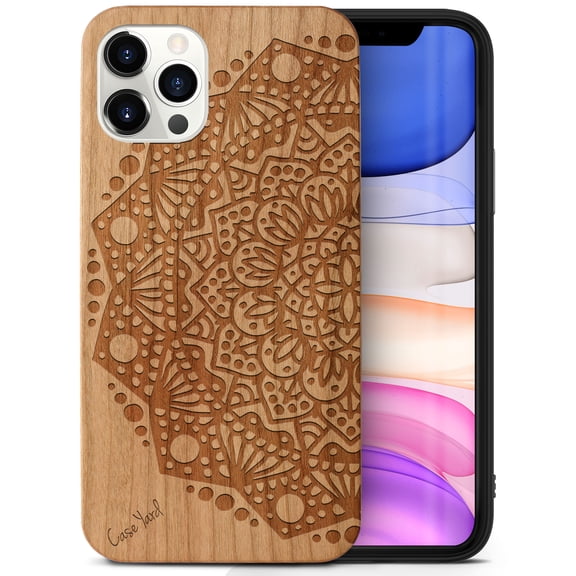 Case Yard Wooden Case Outside Soft TPU Silicone, Slim Fit Shockproof Wood Protective Phone Cover for Girls Boys Men and Women, Supports Wireless Charging Half Mandala Design case for iPhone-12/12-Pro