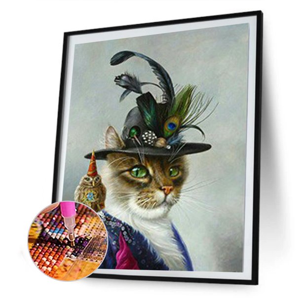 Cuadros Decorativos 5D DIY diamante pintura gato en sombrero de copa completo taladro redondo decoración de pared (A2043) Tmvgtek embutido en tela