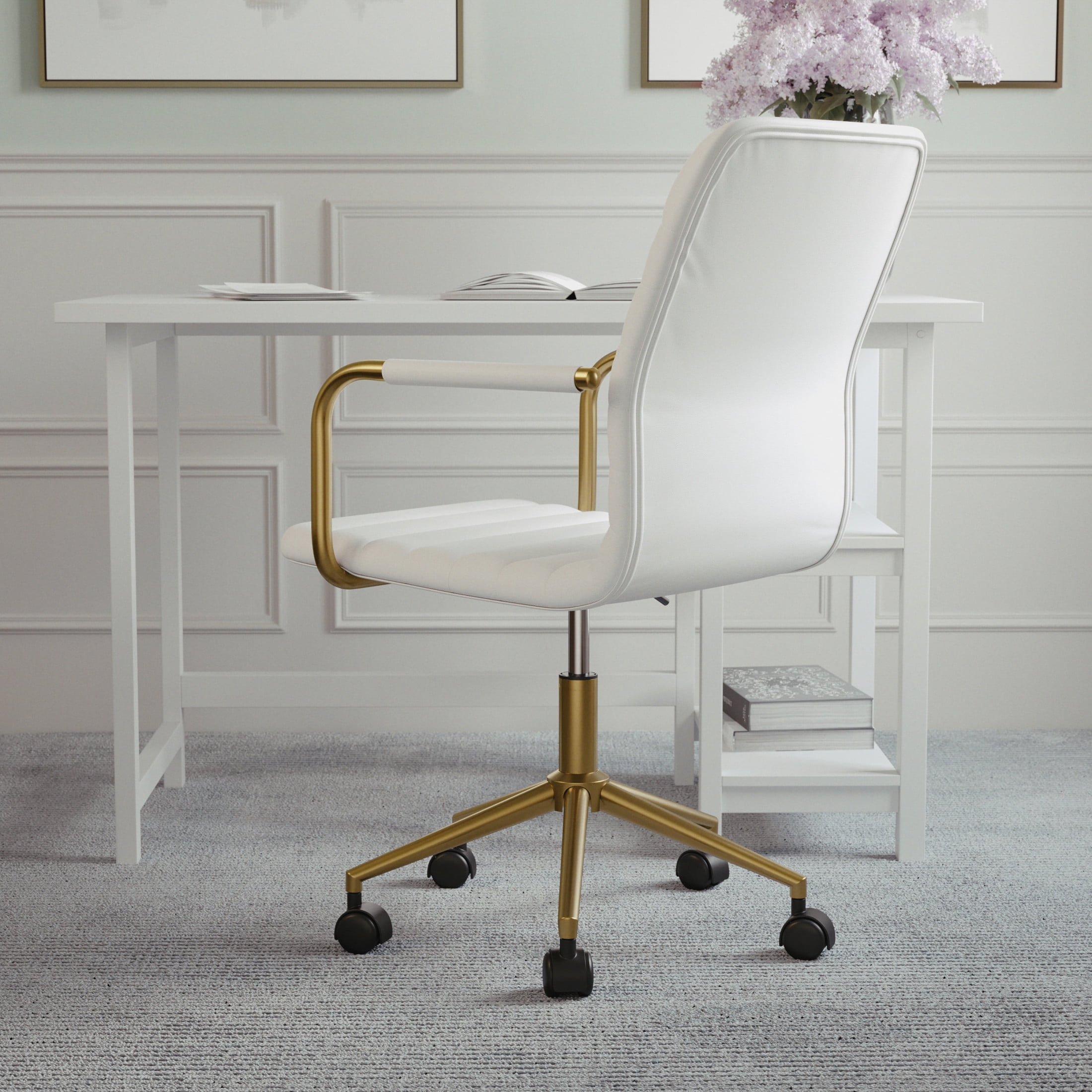 Martha Stewart Taytum Upholstered Office Chair in White/Polished Brass