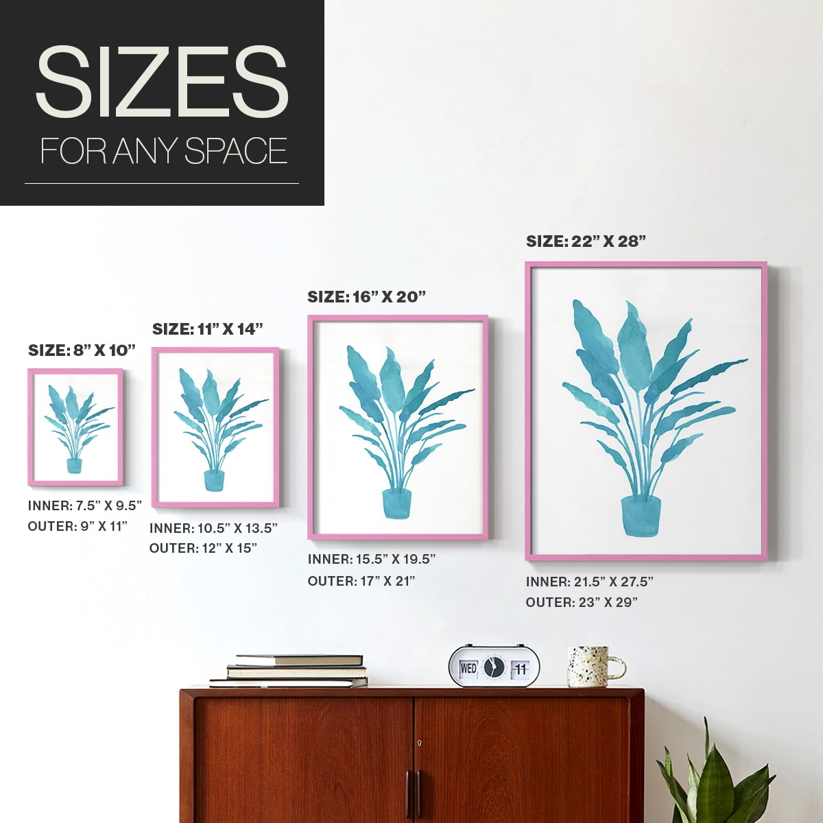 Watercolor House Plant I Framed Print in Pink Solid Wood 11 x 14 Framed Print