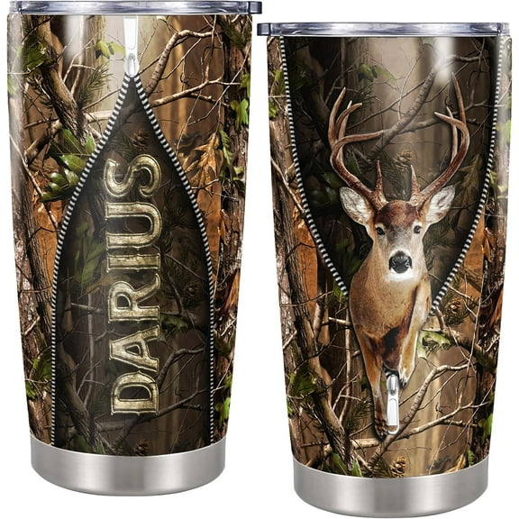 Personalized Hunter Deer Tumbler Customized Name Hunting Lovers Insulated Cups Travel Coffee Mug with Lid 20 oz Gifts for Dad Man Woman Father's Day