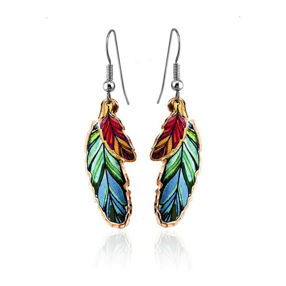 FRONT LINE JEWELRY Western Feather Earrings for Women, Handmade Copper Earrings with Green Feather and Layered Blue & Red Accents, Double-Layered Artisan Jewelry Gift