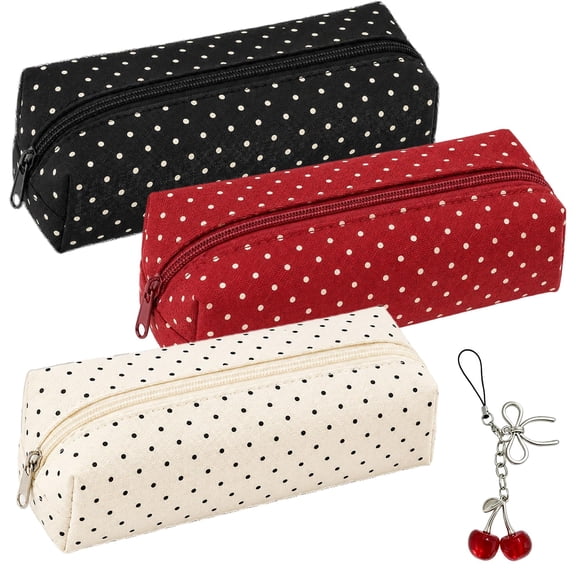 Y2K Polka Dot Pencil Case, Canvas Zipper Pen & Makeup Pouch, Burgundy