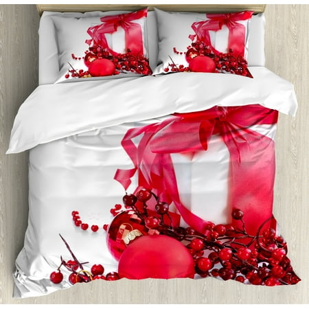 Pine Cone Bedding Collection Christmas King Size Duvet Cover Set, New Year Box with Berries Pine Cone and Baubles End of the Year Party Theme, Decorative 3 Piece Bedding Set with 2 Pillow Shams, Red Gold White, by Ambesonne ()